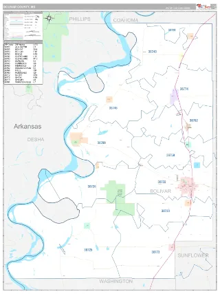 Bolivar County, MS Classic style ZIP Code wall map