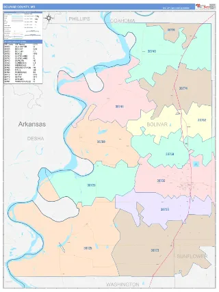 Bolivar County, MS ColorCast style ZIP Code wall map