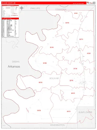 Bolivar County, MS RedLine style ZIP Code wall map