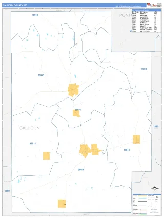 Calhoun County, MS Business Reference style ZIP Code wall map