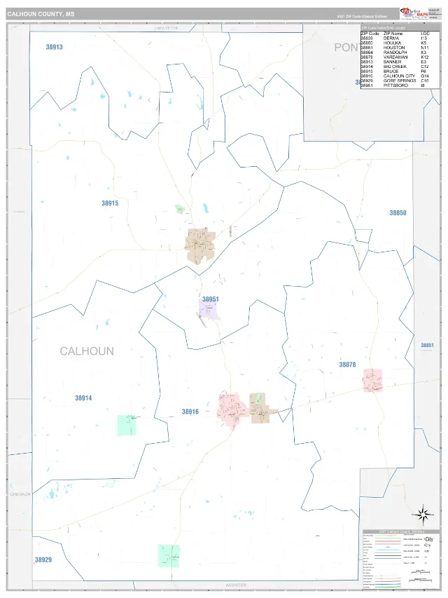 Calhoun County, MS ZIP Code Wall Map, Classic style