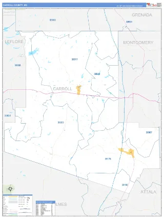 Carroll County, MS Business Reference style ZIP Code wall map