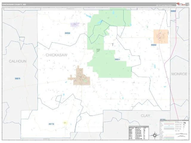 Chickasaw County, MS ZIP Code Wall Map, Classic style