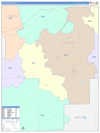 Choctaw County, MS ColorCast style ZIP Code wall map