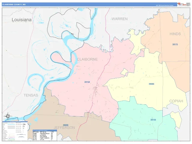 Claiborne County, MS ZIP Code Wall Map, ColorCast style