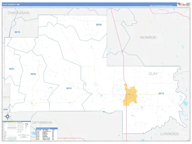 Clay County, MS ZIP Code Wall Map, Business Reference style