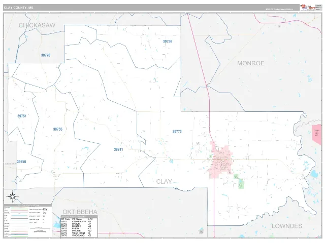 Clay County, MS ZIP Code Wall Map, Classic style