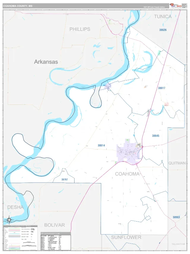 Coahoma County, MS ZIP Code Wall Map, Classic style