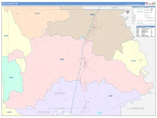 Copiah County, MS ColorCast style ZIP Code wall map