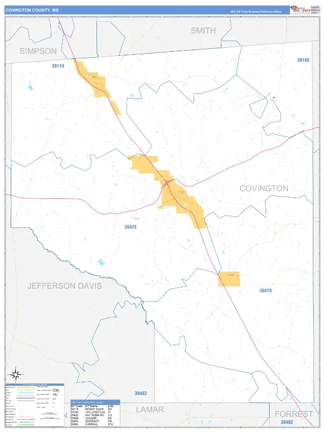 Covington County, MS ZIP Code Wall Map, Business Reference style