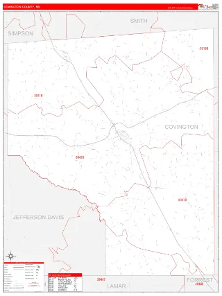 Covington County, MS RedLine style ZIP Code wall map