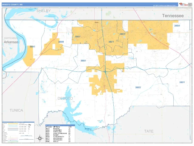 DeSoto County, MS ZIP Code Wall Map, Business Reference style