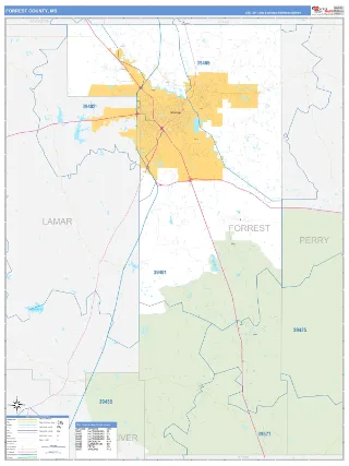 Forrest County, MS Business Reference style ZIP Code wall map