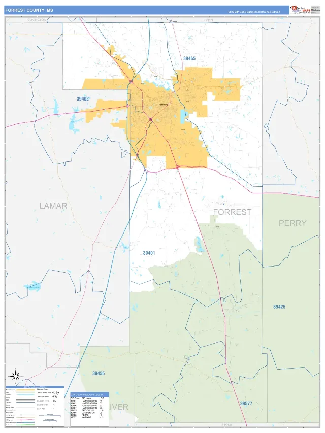 Forrest County, MS ZIP Code Wall Map, Business Reference style