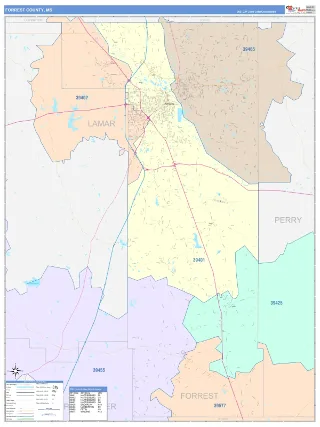 Forrest County, MS ColorCast style ZIP Code wall map