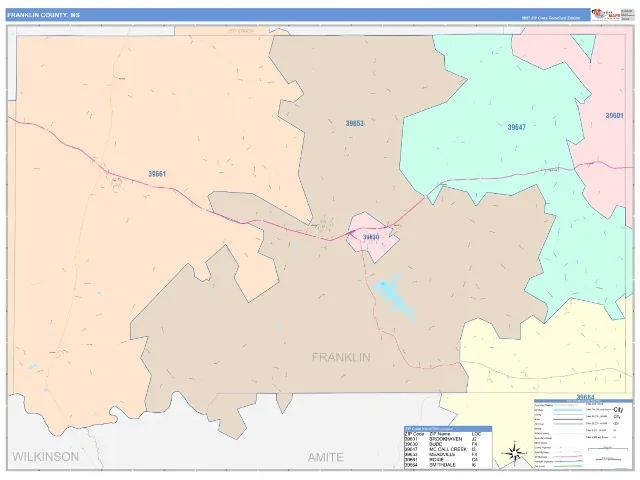 Franklin County, MS ZIP Code Wall Map, ColorCast style