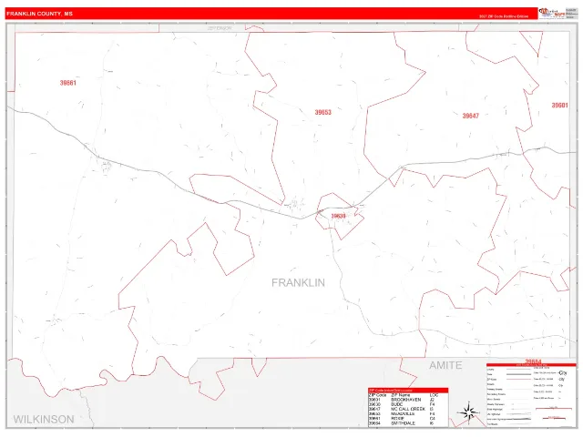 Franklin County, MS ZIP Code Wall Map, RedLine style