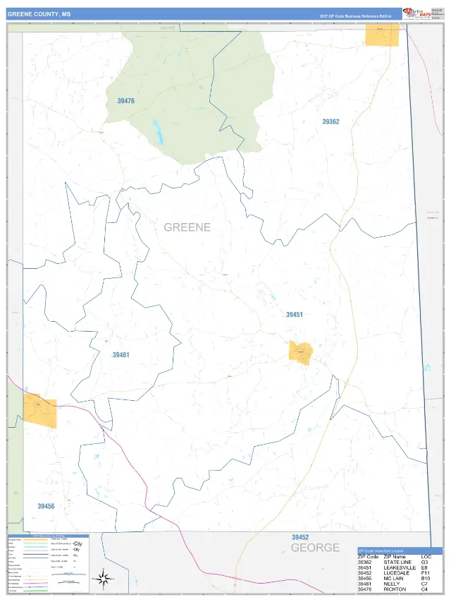 Greene County, MS ZIP Code Wall Map, Business Reference style