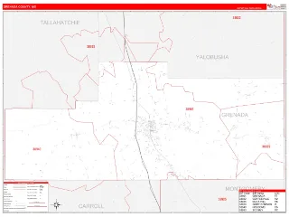 Grenada County, MS RedLine style ZIP Code wall map