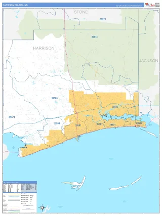 Harrison County, MS Business Reference style ZIP Code wall map