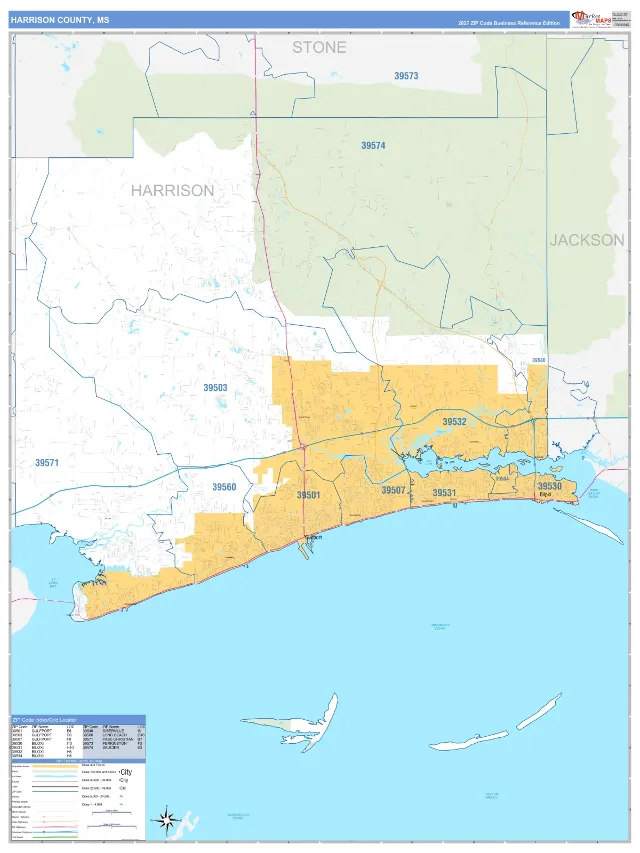 Harrison County, MS ZIP Code Wall Map, Business Reference style