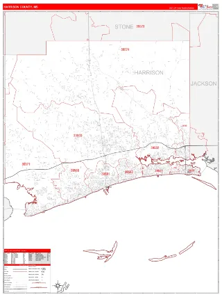 Harrison County, MS RedLine style ZIP Code wall map