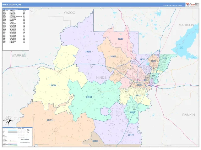 Hinds County, MS ZIP Code Wall Map, ColorCast style