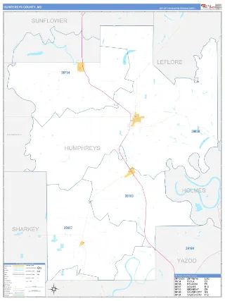 Humphreys County, MS Business Reference style ZIP Code wall map