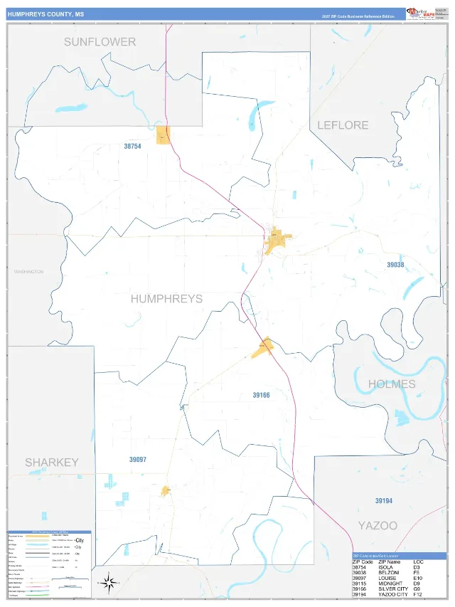 Humphreys County, MS ZIP Code Wall Map, Business Reference style