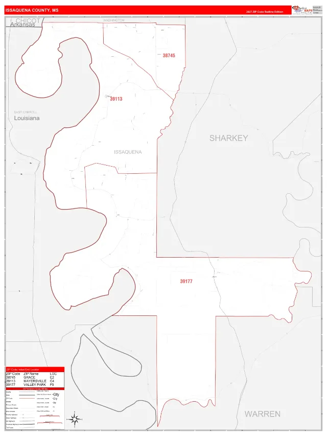 Issaquena County, MS ZIP Code Wall Map, RedLine style