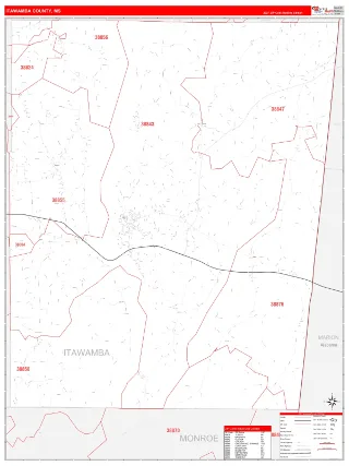 Itawamba County, MS RedLine style ZIP Code wall map