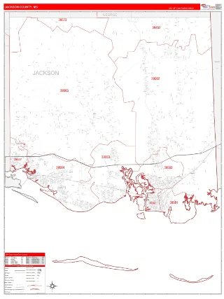 Jackson County, MS RedLine style ZIP Code wall map
