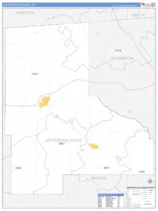Jefferson Davis County, MS Business Reference style ZIP Code wall map