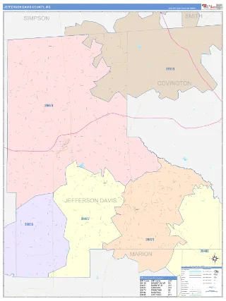 Jefferson Davis County, MS ColorCast style ZIP Code wall map