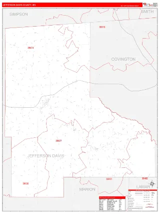 Jefferson Davis County, MS RedLine style ZIP Code wall map