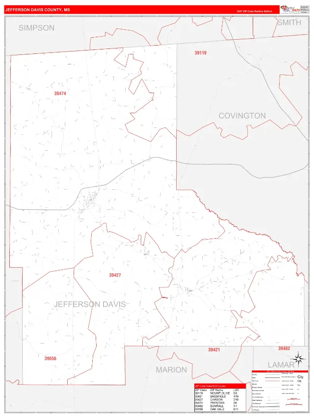Jefferson Davis County, MS ZIP Code Wall Map, RedLine style