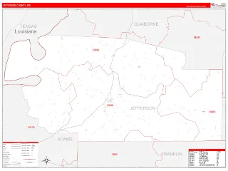 Jefferson County, MS RedLine style ZIP Code wall map
