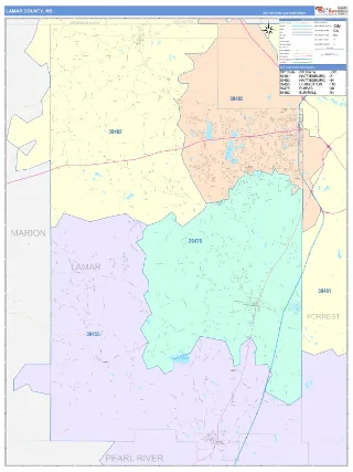 Lamar County, MS ColorCast style ZIP Code wall map