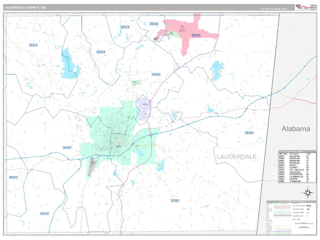 Lauderdale County, MS ZIP Code Wall Map, Classic style