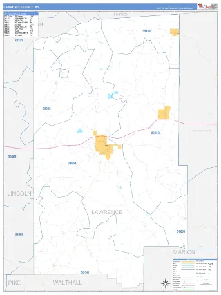 Lawrence County, MS Business Reference style ZIP Code wall map