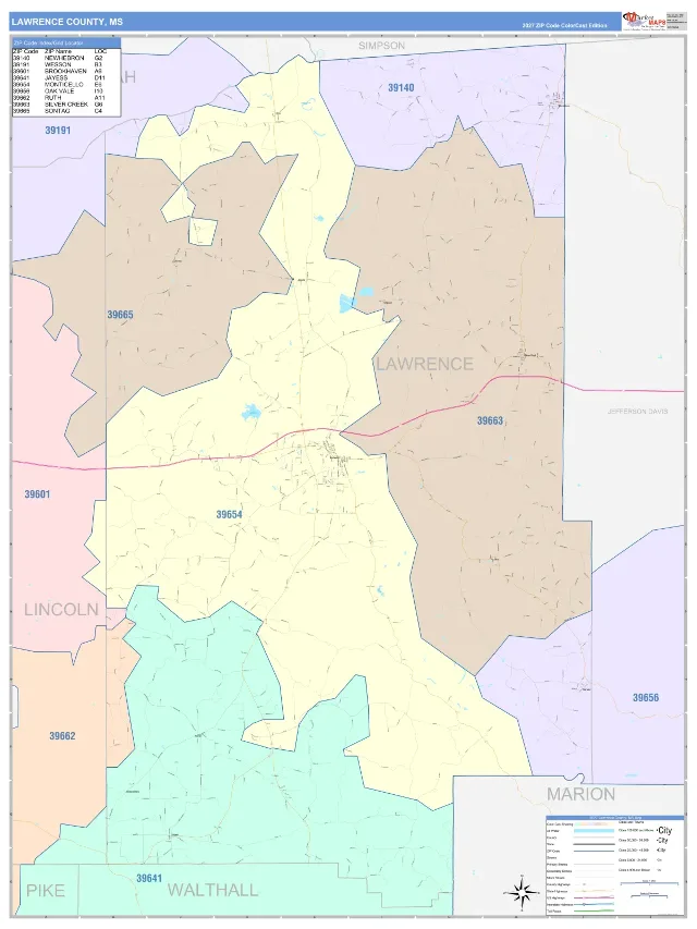 Lawrence County, MS ZIP Code Wall Map, ColorCast style