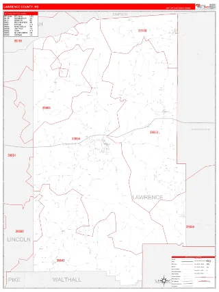 Lawrence County, MS RedLine style ZIP Code wall map