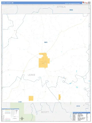Leake County, MS Business Reference style ZIP Code wall map