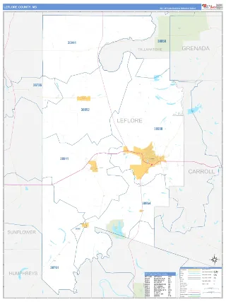 Leflore County, MS Business Reference style ZIP Code wall map