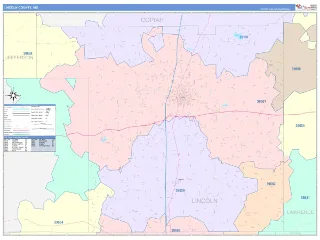 Lincoln County, MS ColorCast style ZIP Code wall map