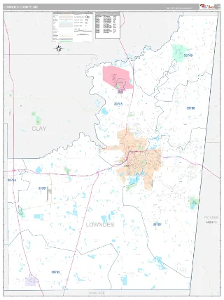 Lowndes County, MS Classic style ZIP Code wall map