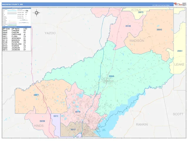 Madison County, MS ZIP Code Wall Map, ColorCast style