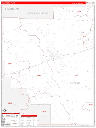 Marion County, MS RedLine style ZIP Code wall map