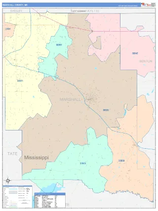 Marshall County, MS ColorCast style ZIP Code wall map