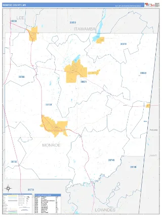 Monroe County, MS Business Reference style ZIP Code wall map